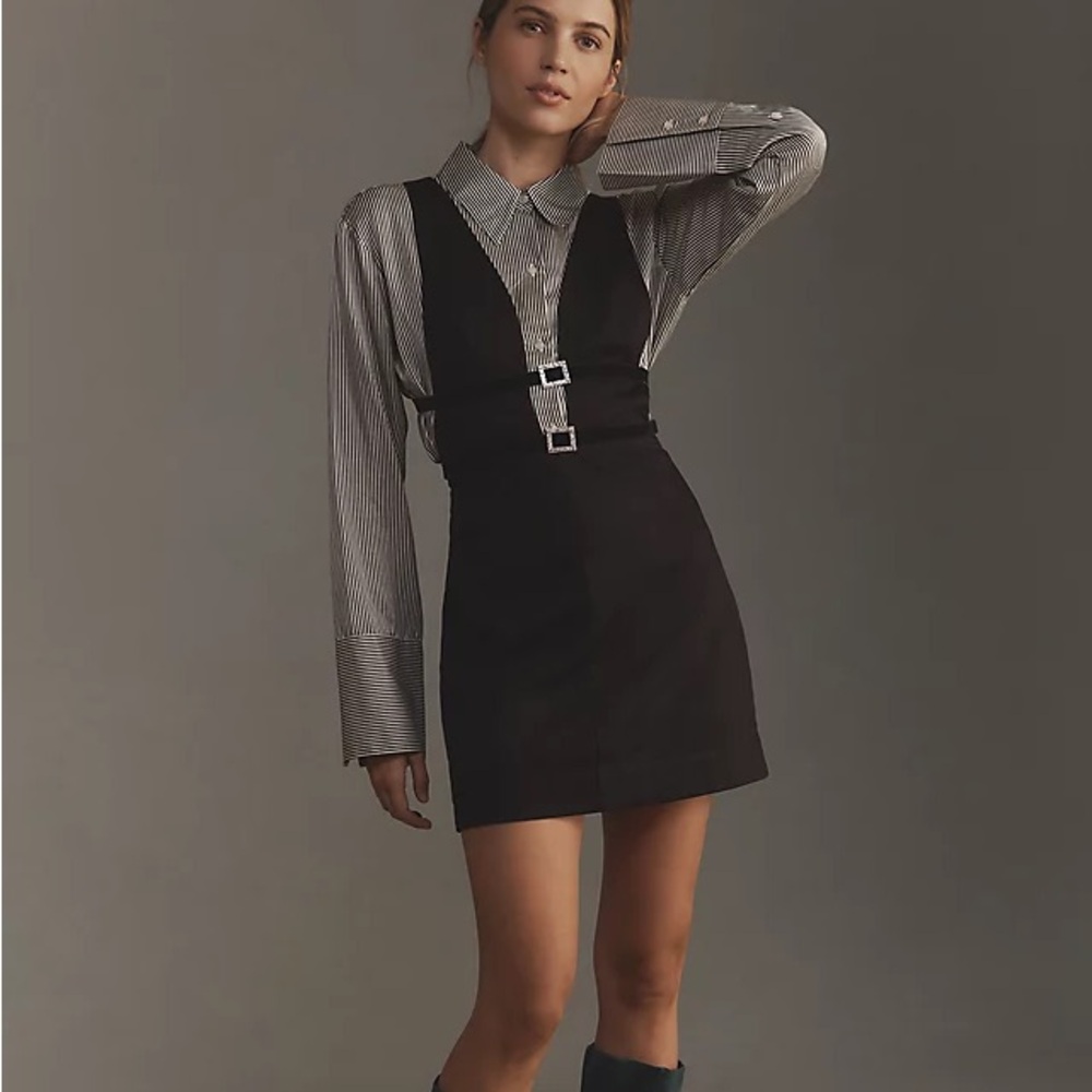 Maeve Anthropologie Black Glam Buckle Pinafore Mini Skirt-Size 6-NWT